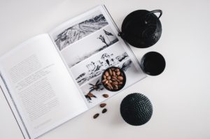 magazine, almonds, tea lifestyle photo for immune support blog post